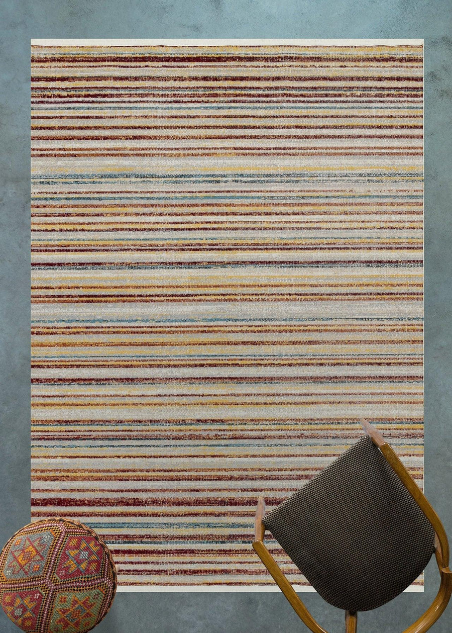 Modern Multi-Color Striped Area Rug on Cream – in the hallway