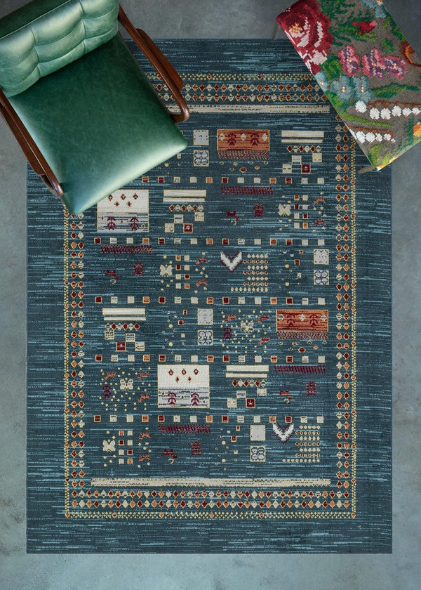 Mavi Renkli Etnik Modern Halı - Yıkanabilir - Kaymaz Taban - Pati Dostu