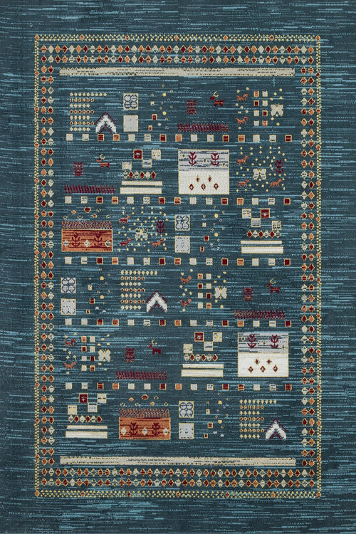 Mavi Etnik Modern Etnik Desenli Halı  | Makinada Yıkanabilir | Hav Toz Vermez | Leke Tutmayan | Kaymaz Taban | Dijital Makine Baskı | Salon Yolluk Mutfak Halısı