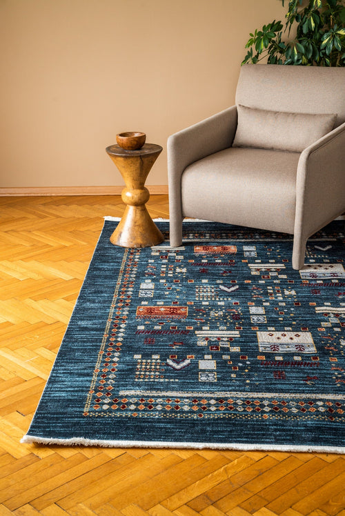 Mavi Etnik Modern Etnik Desenli Halı  | Makinada Yıkanabilir | Hav Toz Vermez | Leke Tutmayan | Kaymaz Taban | Dijital Makine Baskı | Salon Yolluk Mutfak Halısı
