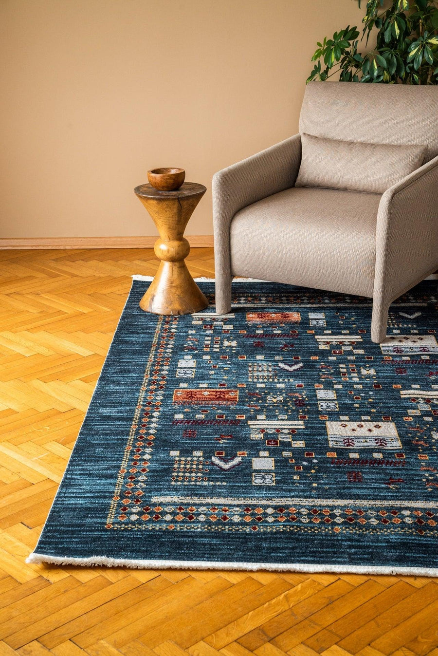 Mavi Renkli Etnik Modern Halı - Yıkanabilir - Kaymaz Taban - Pati Dostu