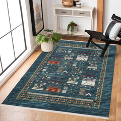 Mavi Etnik Modern Etnik Desenli Halı  | Makinada Yıkanabilir | Hav Toz Vermez | Leke Tutmayan | Kaymaz Taban | Dijital Makine Baskı | Salon Yolluk Mutfak Halısı