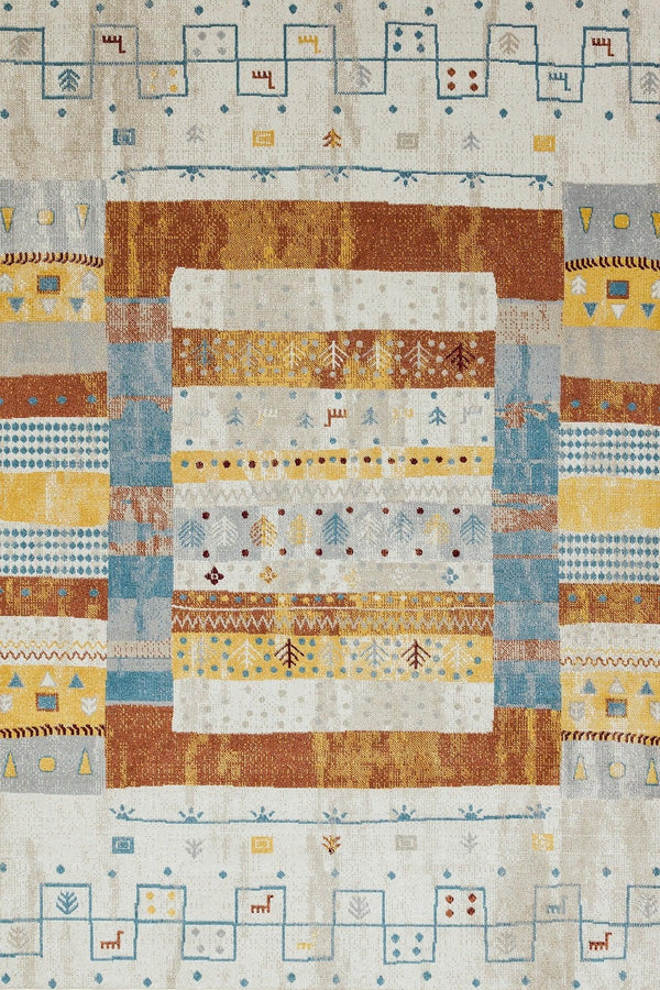 Krem Mavi Etnik Modern Halı - Yıkanabilir - Kaymaz Taban - Pati Dostu
