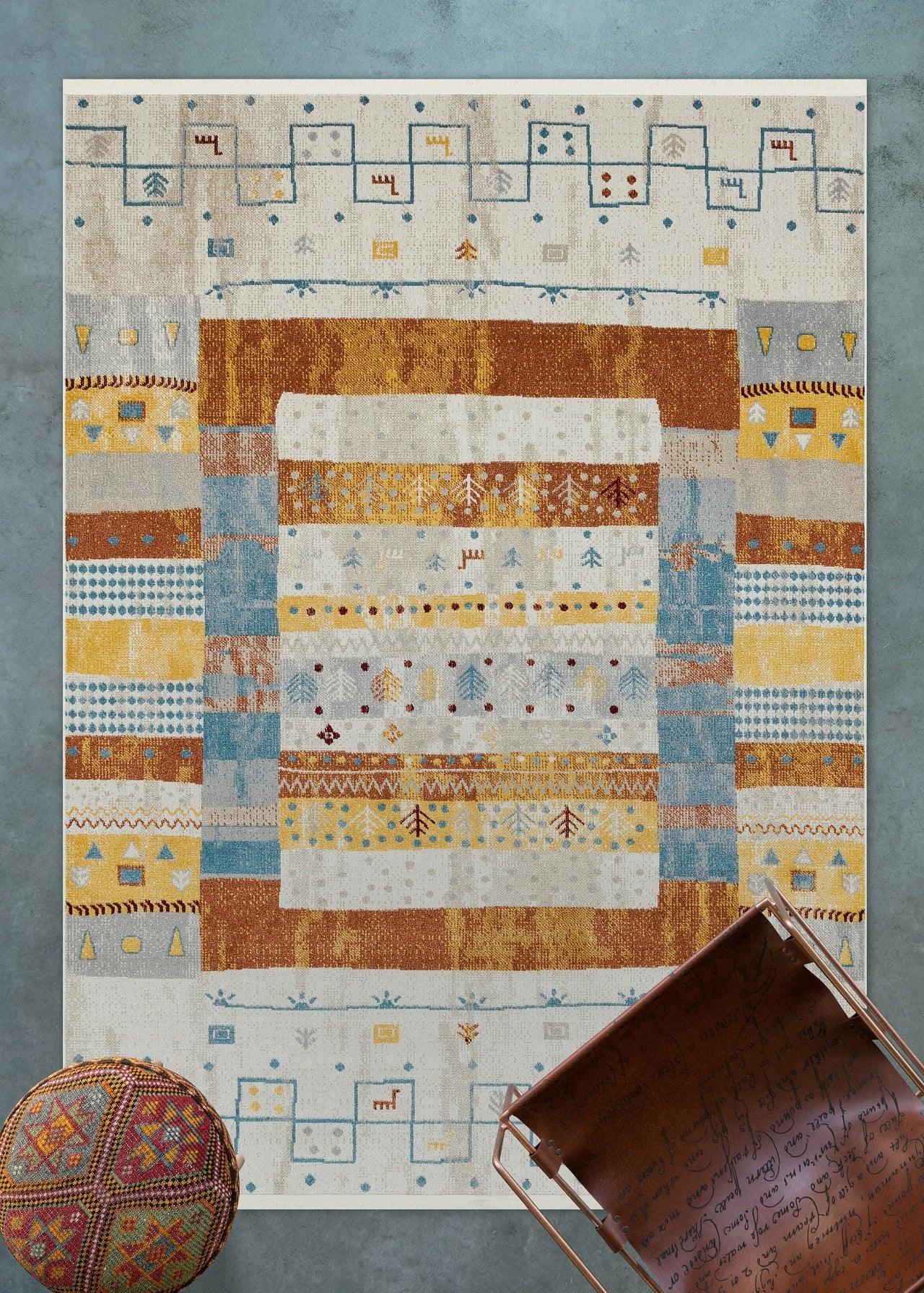 Krem Mavi Etnik Modern Halı - Yıkanabilir - Kaymaz Taban - Pati Dostu