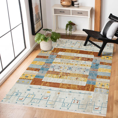 Krem Etnik Modern Etnik Desenli Halı  | Makinada Yıkanabilir | Hav Toz Vermez | Leke Tutmayan | Kaymaz Taban | Dijital Makine Baskı | Salon Yolluk Mutfak Halısı