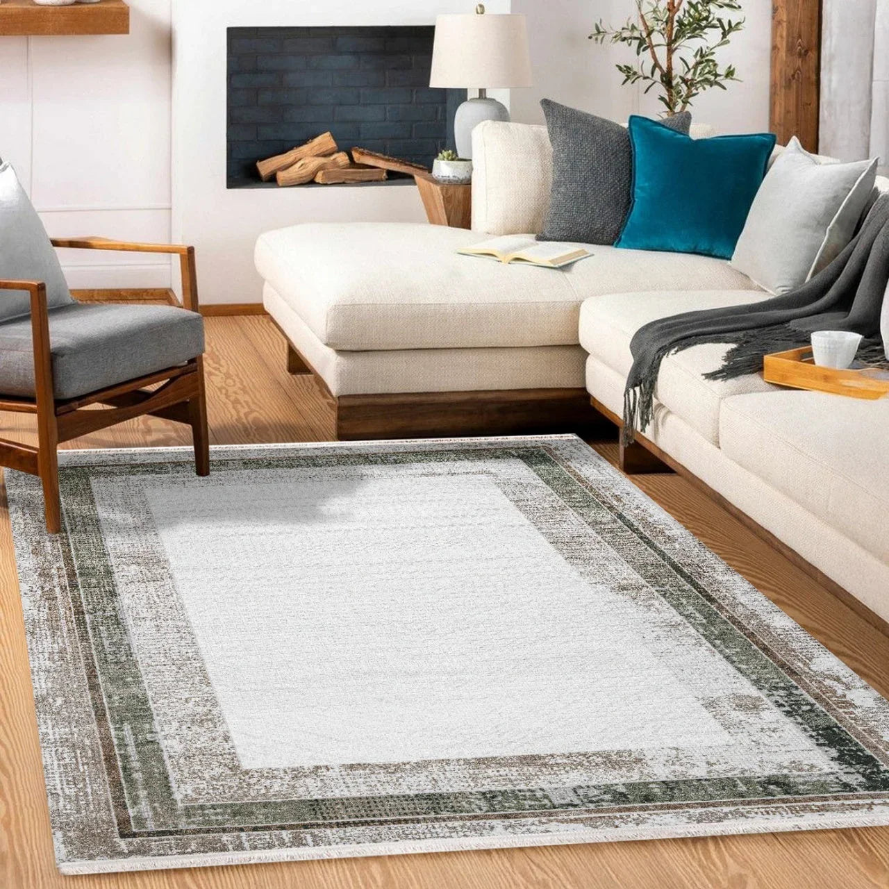 Bej Bordürlü Modern Halı - Yıkanabilir - Kaymaz Taban - Pati Dostu