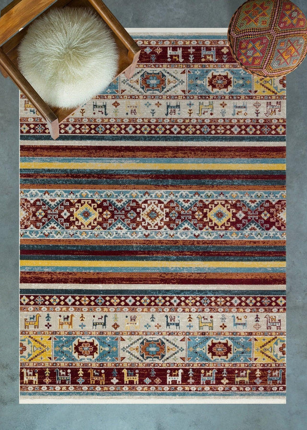 Mavi Renkli Etnik Modern Halı - Yıkanabilir - Kaymaz Taban - Pati Dostu
