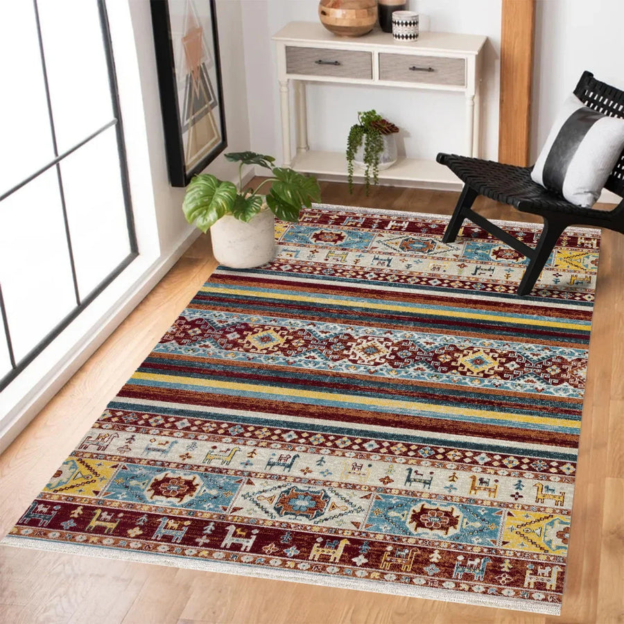 Mavi Renkli Etnik Modern Halı - Yıkanabilir - Kaymaz Taban - Pati Dostu