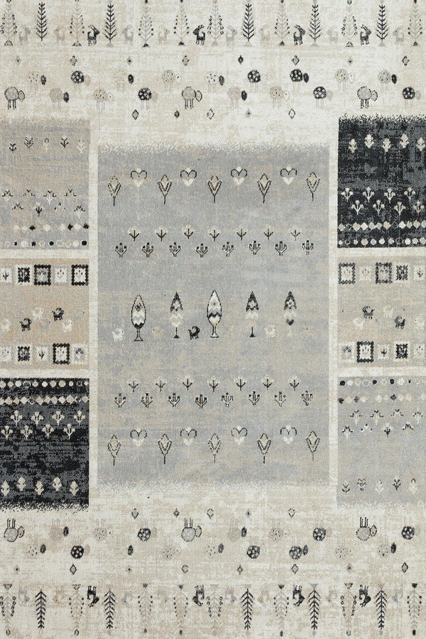 Gri Krem Etnik Kilim Halı - Yıkanabilir - Kaymaz Taban - Pati Dostu