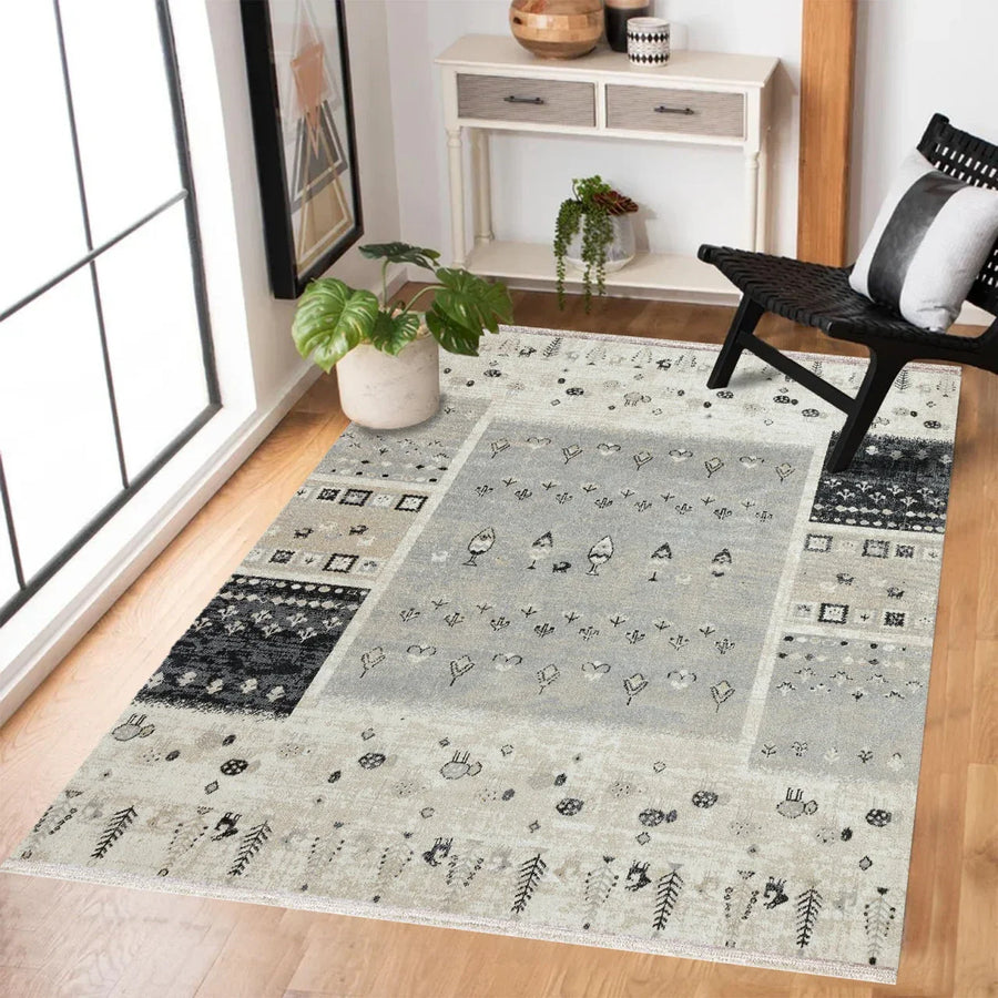 Gri Krem Etnik Kilim Halı - Yıkanabilir - Kaymaz Taban - Pati Dostu