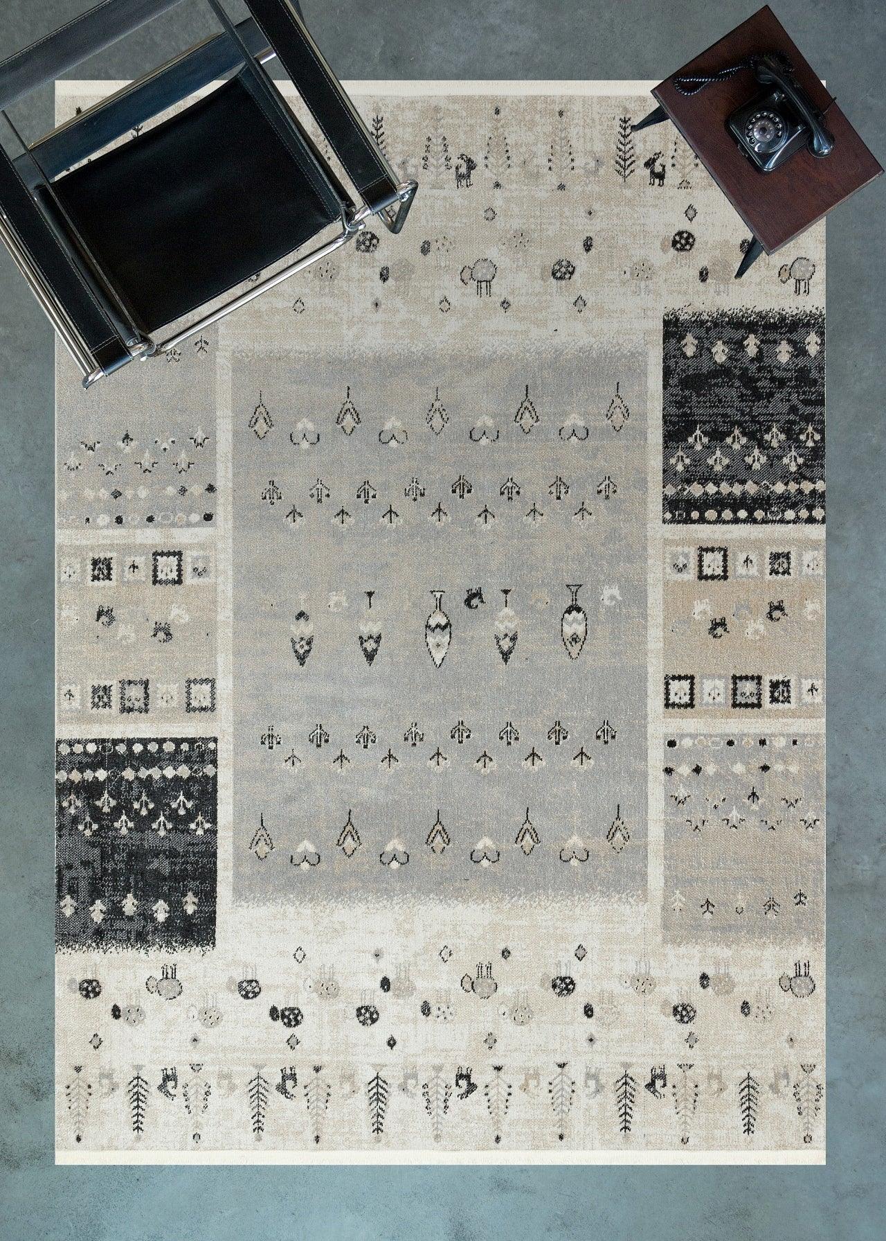 Gri Krem Etnik Kilim Halı - Yıkanabilir - Kaymaz Taban - Pati Dostu