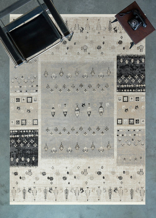 Krem Soyut Modern Etnik Desenli Halı  | Makinada Yıkanabilir | Hav Toz Vermez | Leke Tutmayan | Kaymaz Taban | Dijital Makine Baskı | Salon Yolluk Mutfak Halısı