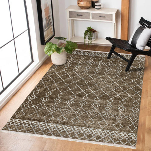 Kahve Etnik Modern Etnik Desenli Halı  | Makinada Yıkanabilir | Hav Toz Vermez | Leke Tutmayan | Kaymaz Taban | Dijital Makine Baskı | Salon Yolluk Mutfak Halısı