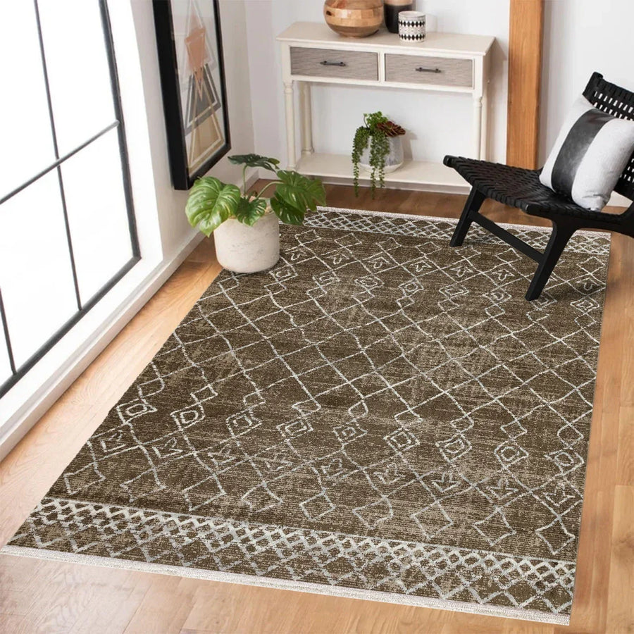 Krem Vizon Baklava Geometrik Halı - Yıkanabilir - Kaymaz Taban - Pati Dostu