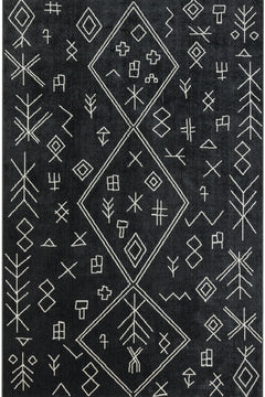 Siyah Etnik Modern Etnik Desenli Halı  | Makinada Yıkanabilir | Hav Toz Vermez | Leke Tutmayan | Kaymaz Taban | Dijital Makine Baskı | Salon Yolluk Mutfak Halısı