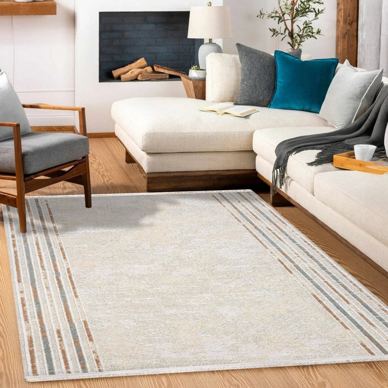 Bej Krem Minimalist Modern Halı - Yıkanabilir - Kaymaz Taban - Pati Dostu