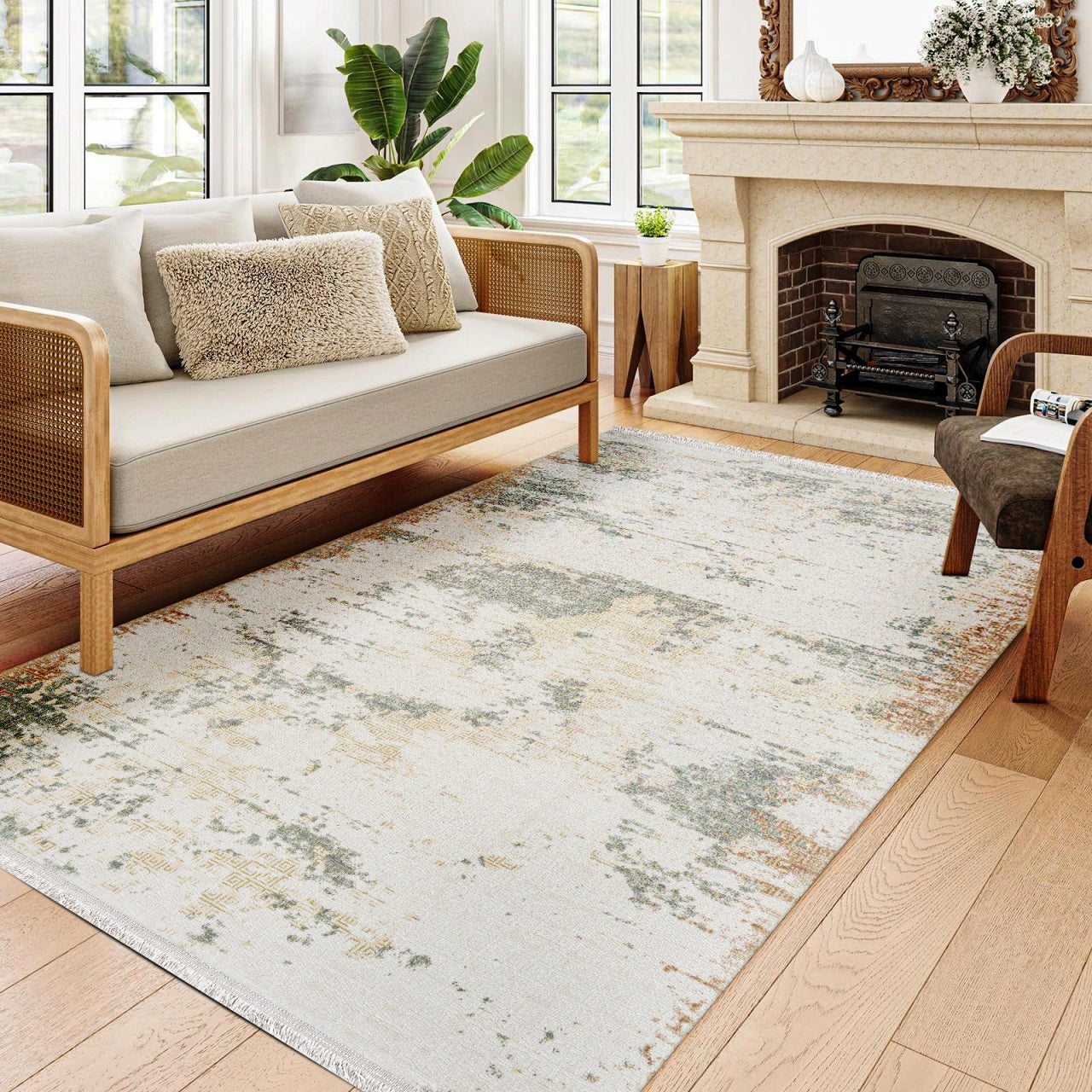 Bej Krem Dokulu Modern Triko Halı - Pati Dostu - Toz Vermez