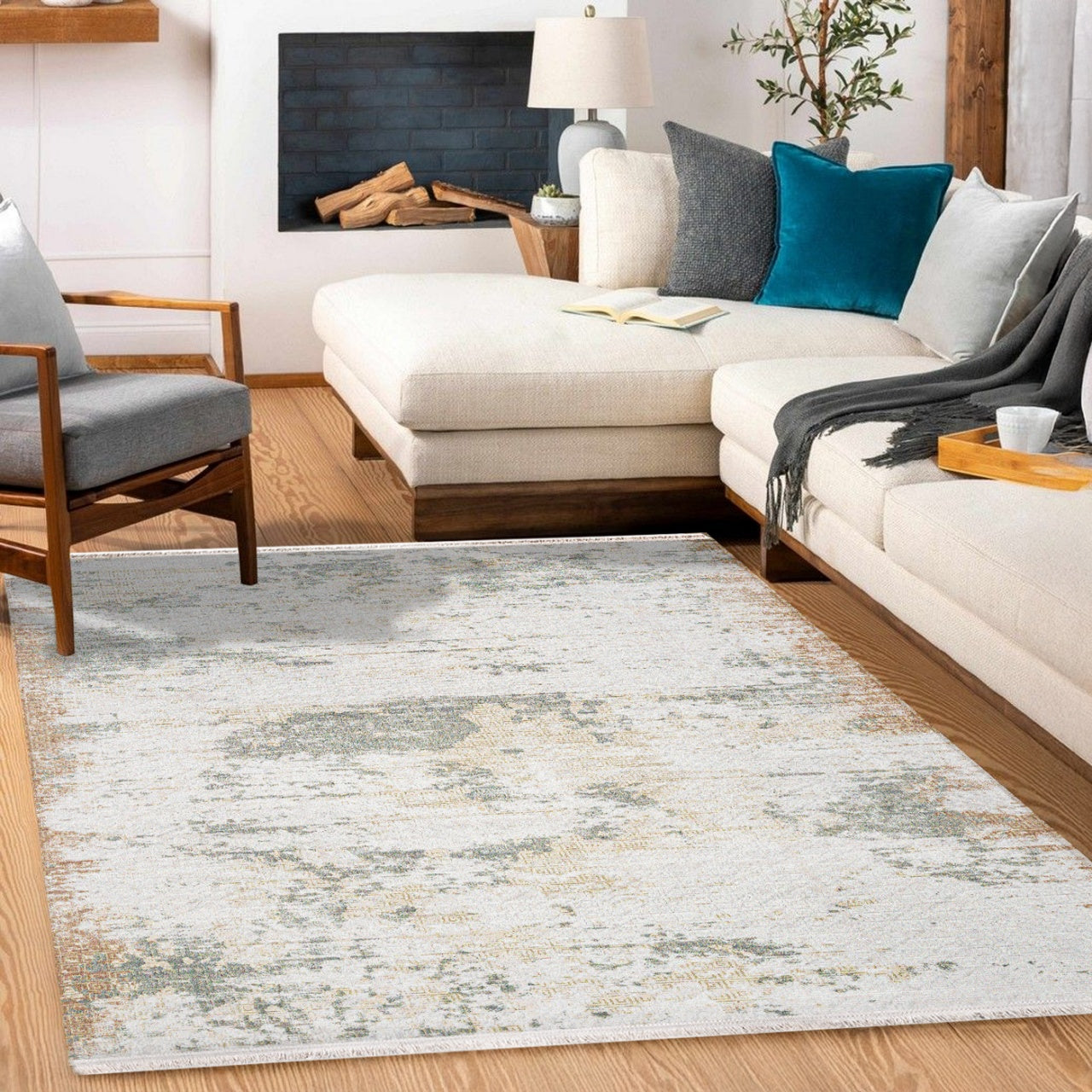 Bej Krem Dokulu Modern Triko Halı - Pati Dostu - Toz Vermez