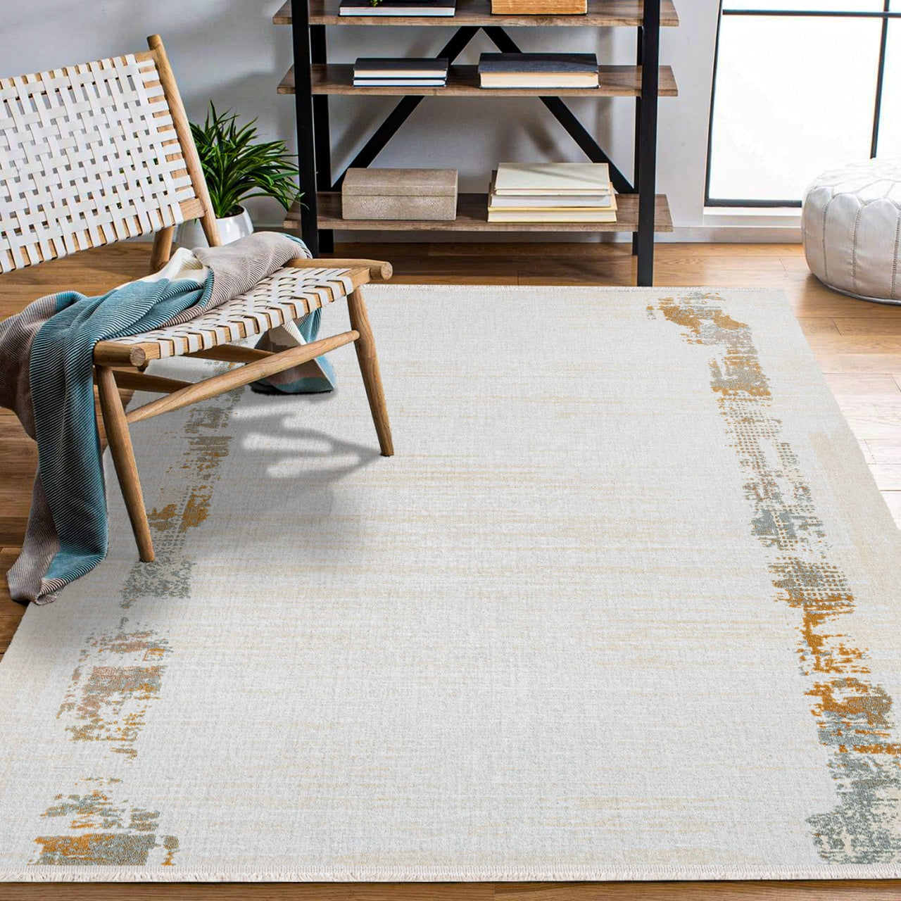 Bej Gold Bordürlü Minimalist Halı - Yıkanabilir - Kaymaz Taban - Pati Dostu