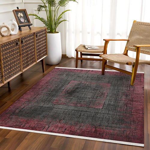 Bordo Modern Etnik Desenli Pamuk Makinada Yıkanabilir Hav Toz Vermez Leke Tutmayan Kaymaz Taban Dijital Makine Baskı Salon Yolluk Mutfak Halı