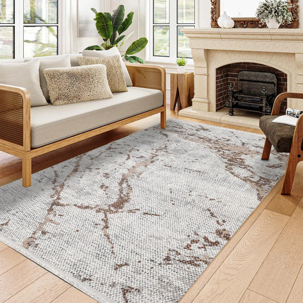 Beyaz Gri Mermer Desenli Minimalist Halı - Yıkanabilir - Kaymaz Taban - Pati Dostu