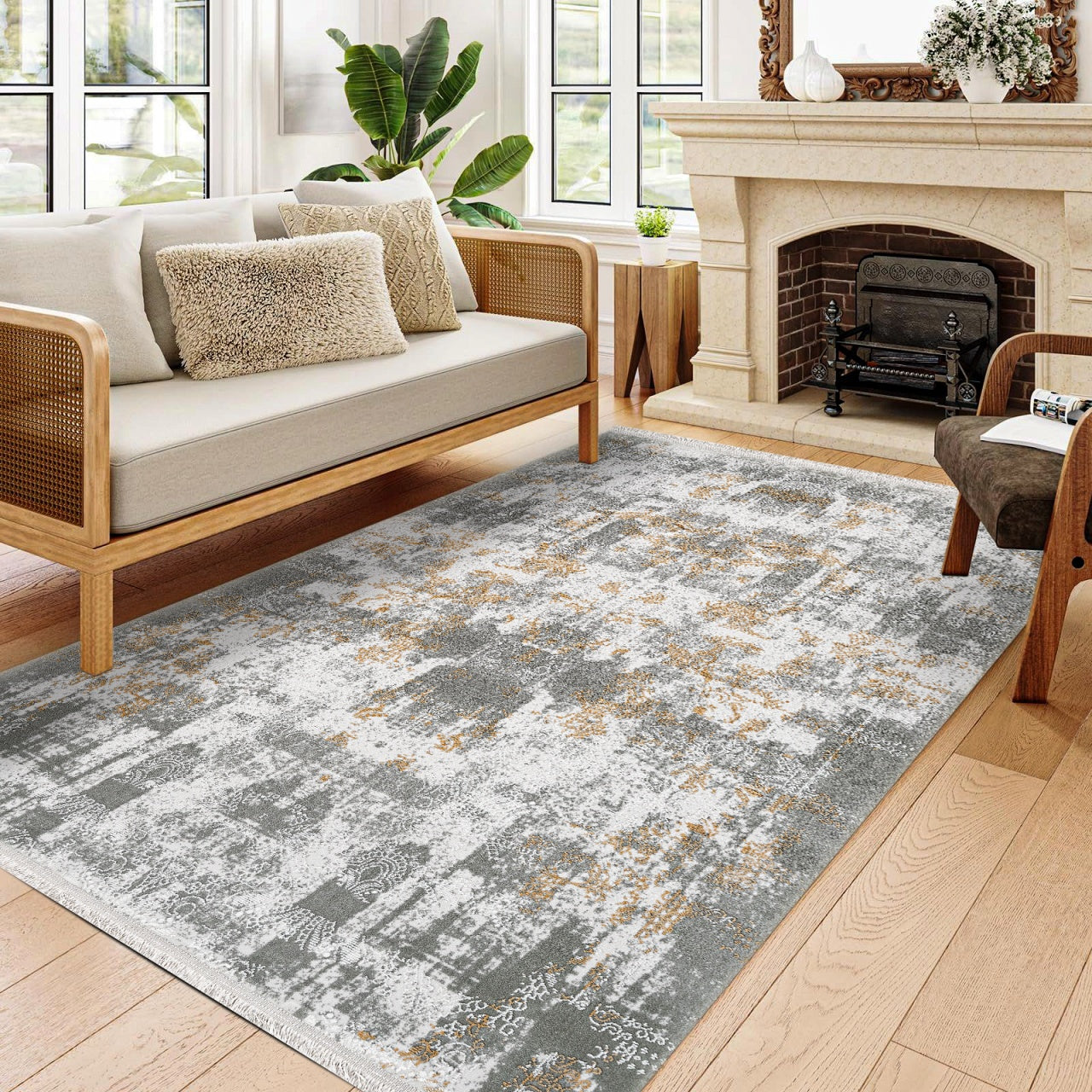 Antrasit Gold Dokulu Eskitme Halı - Yıkanabilir - Kaymaz Taban - Pati Dostu