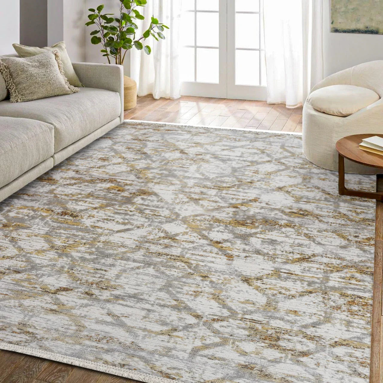 Gold Bohem Geometrik Halı - Yıkanabilir - Kaymaz Taban - Pati Dostu