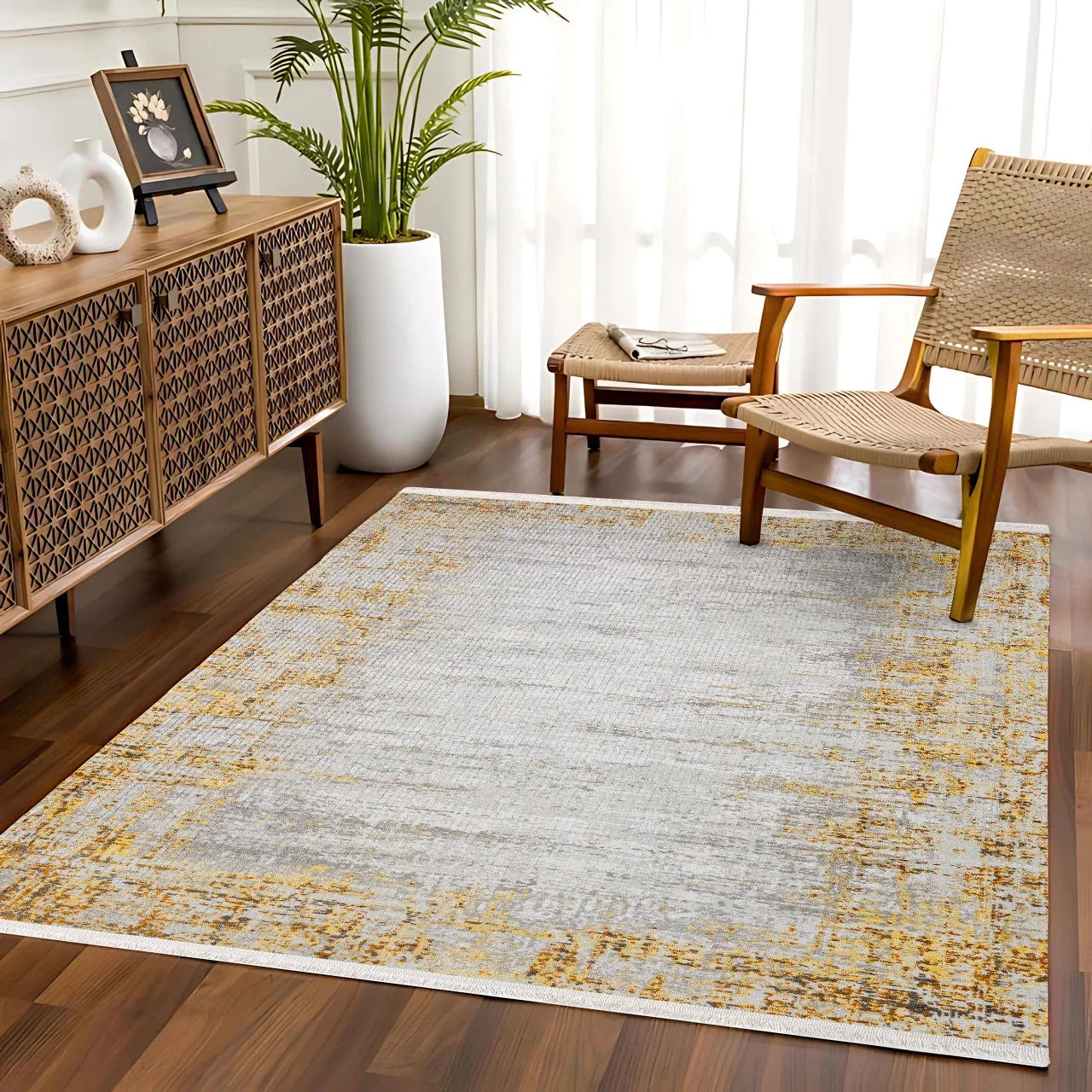 Gri Bohem Modern Halı - Yıkanabilir - Kaymaz Taban - Pati Dostu
