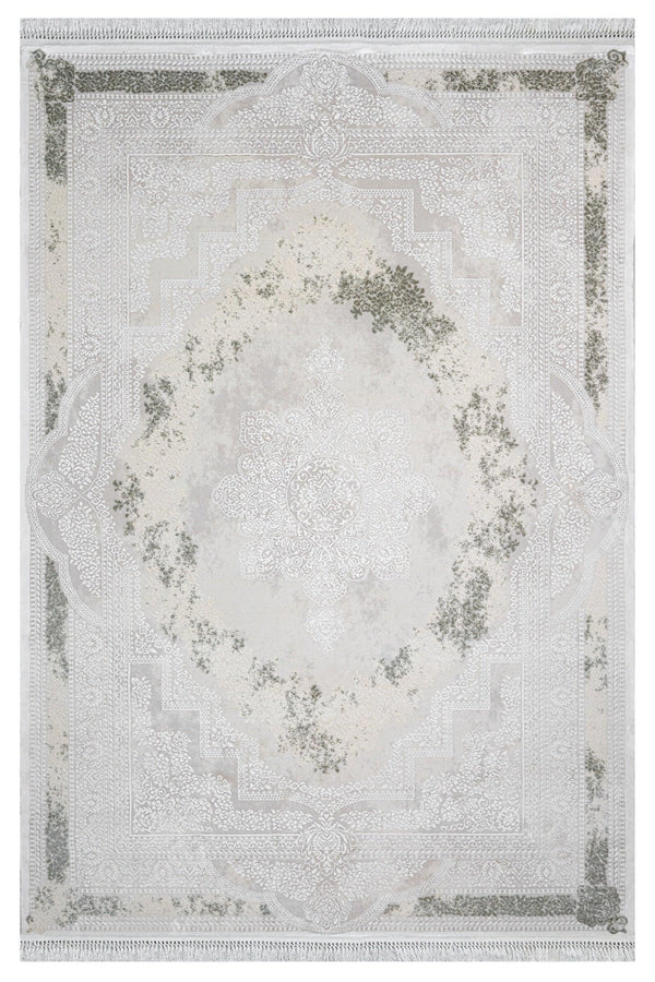 Beyaz Klasik Madalyonlu Triko Halı - Pati Dostu - Toz Vermez