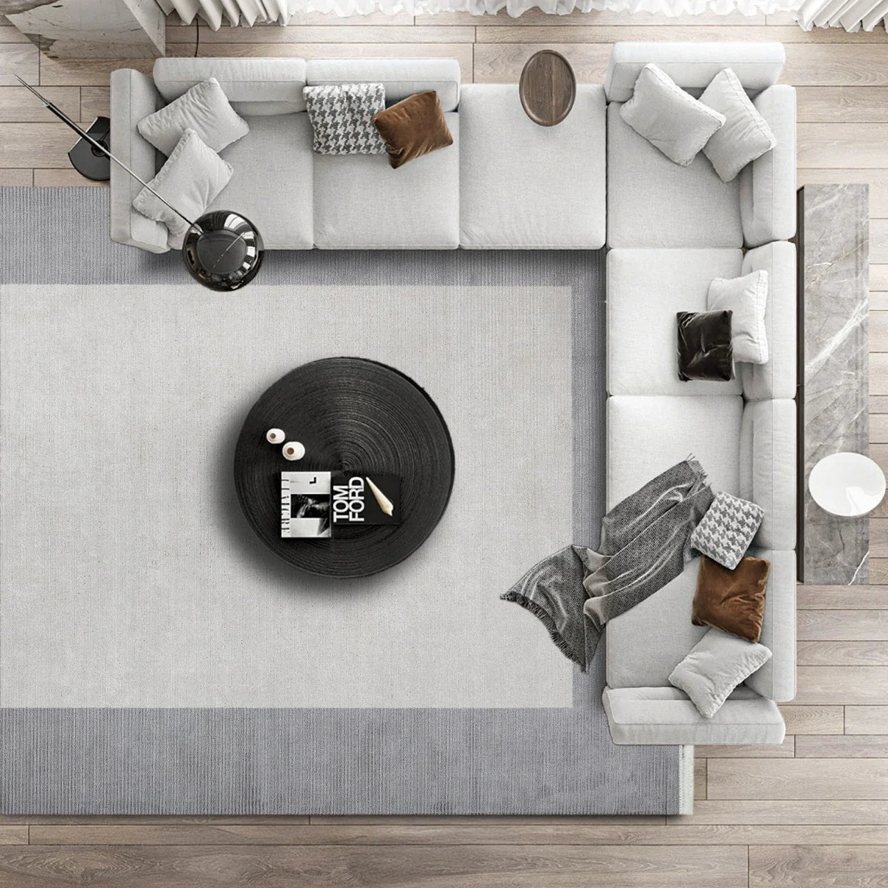 Beyaz Gri Bordürlü Minimalist Halı - Yıkanabilir - Kaymaz Taban - Pati Dostu
