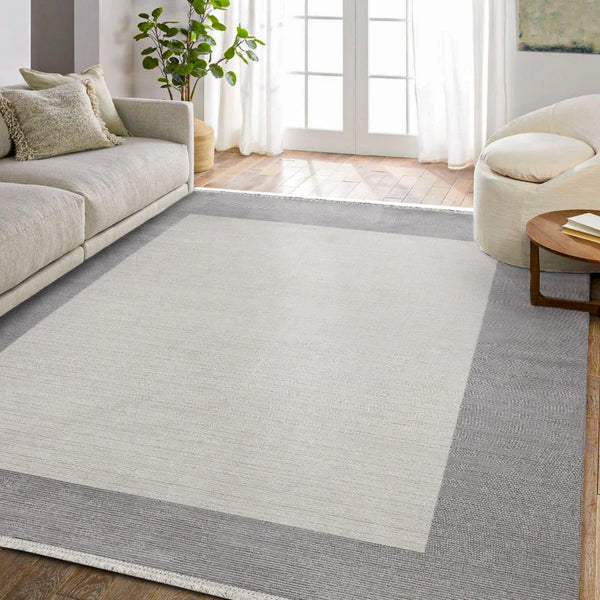 Beyaz Gri Bordürlü Minimalist Halı - Yıkanabilir - Kaymaz Taban - Pati Dostu