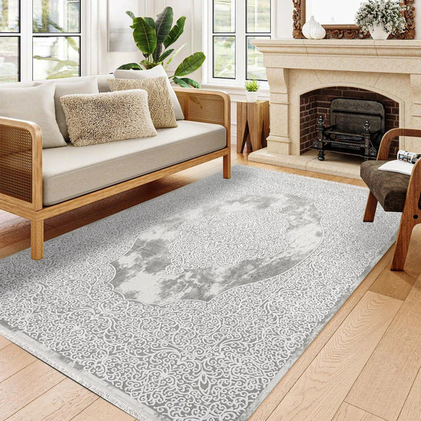 Beyaz Gri Klasik Desenli Minimalist Halı - Yıkanabilir - Kaymaz Taban - Pati Dostu