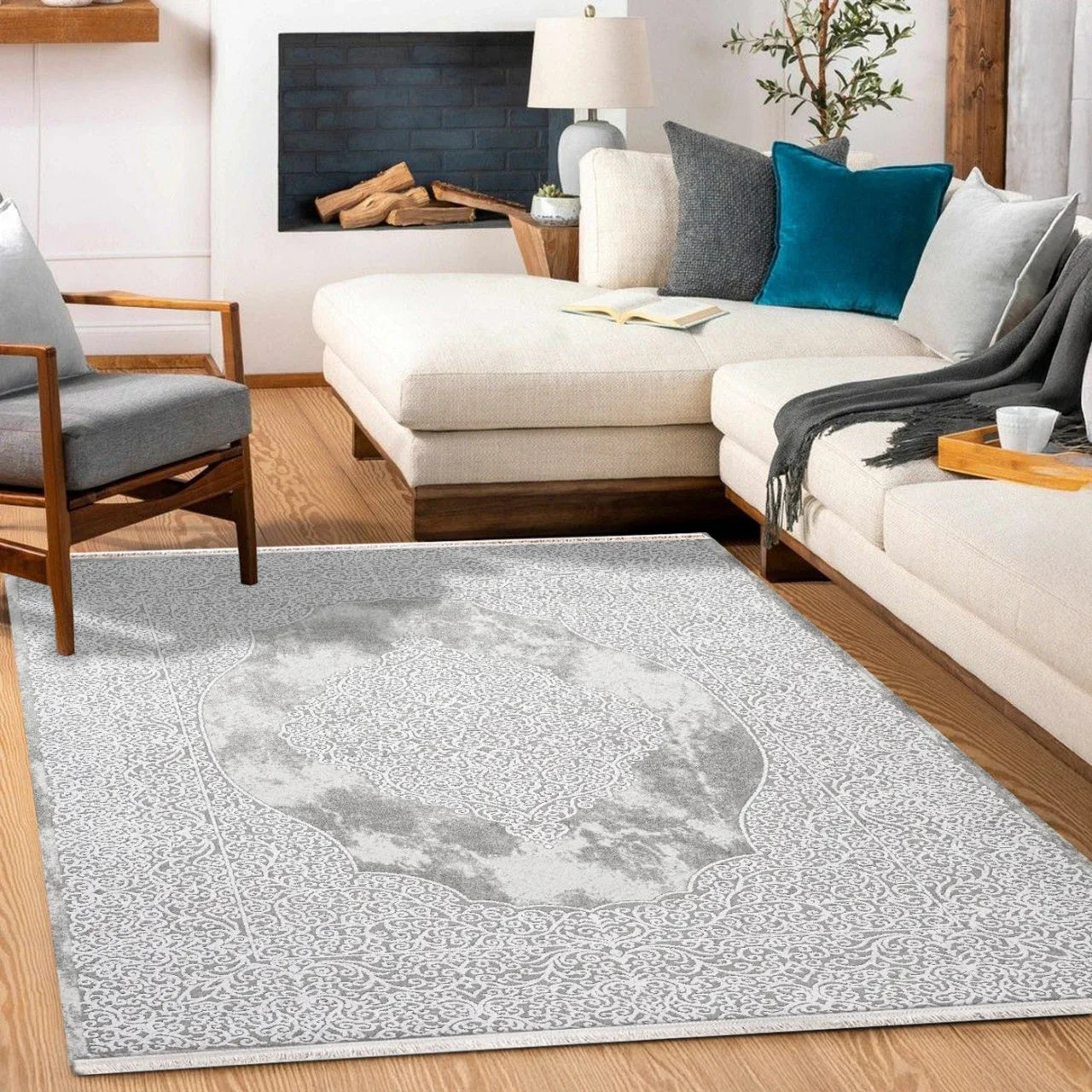 Beyaz Gri Klasik Desenli Minimalist Halı - Yıkanabilir - Kaymaz Taban - Pati Dostu