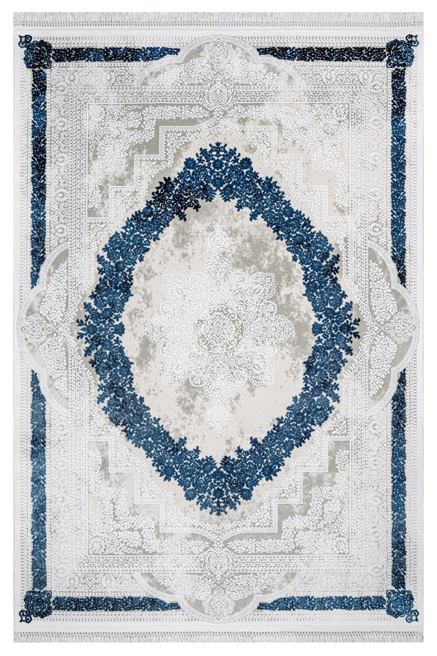 Weißer Teppich mit dunkelblauem Medaillon-Muster – im Wohnzimmer