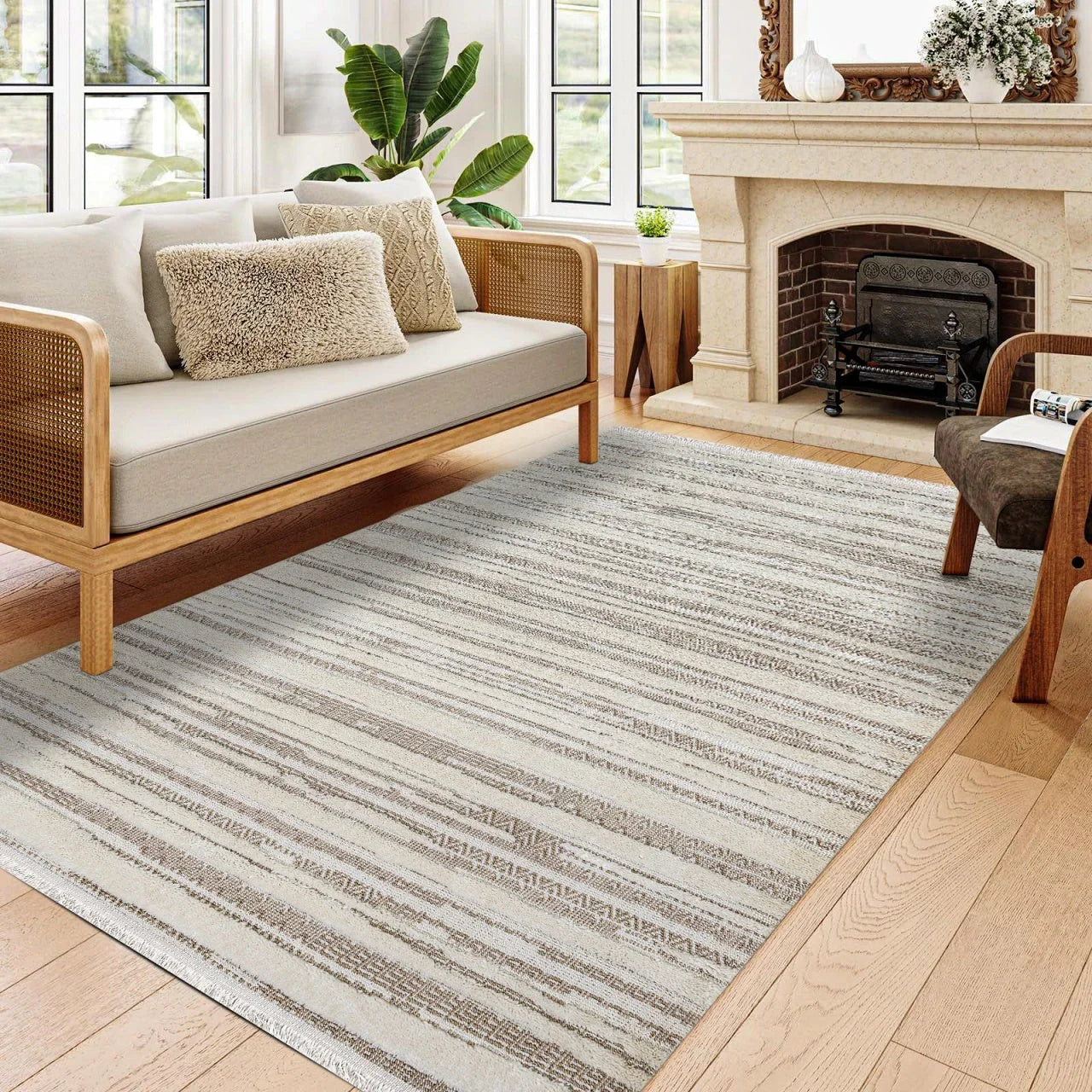 Bej Krem Minimalist Modern Halı - Yıkanabilir - Kaymaz Taban - Pati Dostu