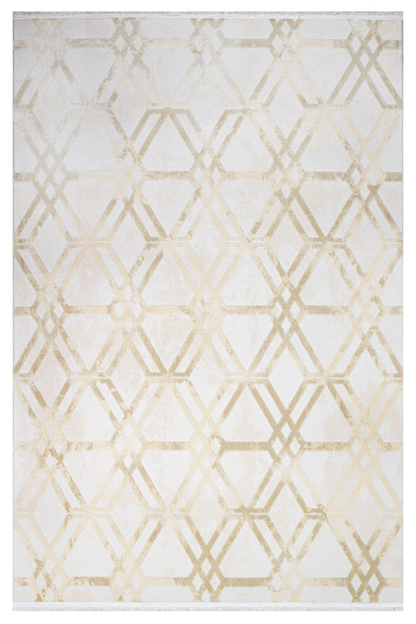 Gold Krem Baklava Desenli Geometrik Triko Halı - Pati Dostu - Toz Vermez