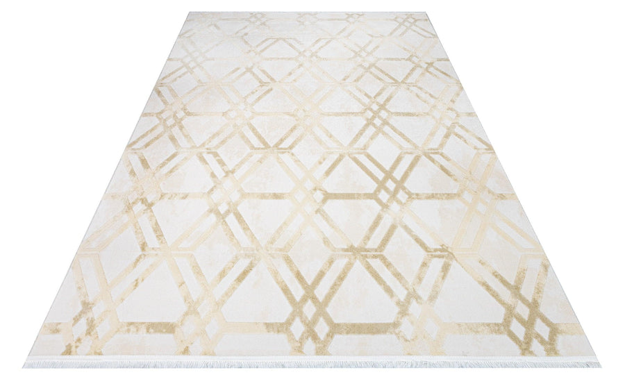 Gold Krem Baklava Desenli Geometrik Triko Halı - Pati Dostu - Toz Vermez