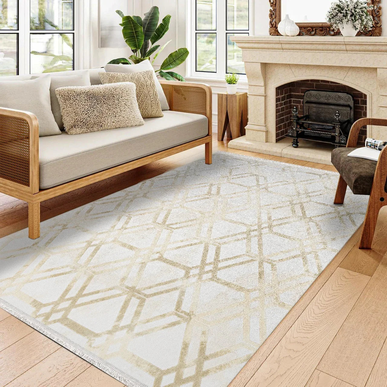 Bej Gold Baklava Geometrik Halı - Yıkanabilir - Kaymaz Taban - Pati Dostu