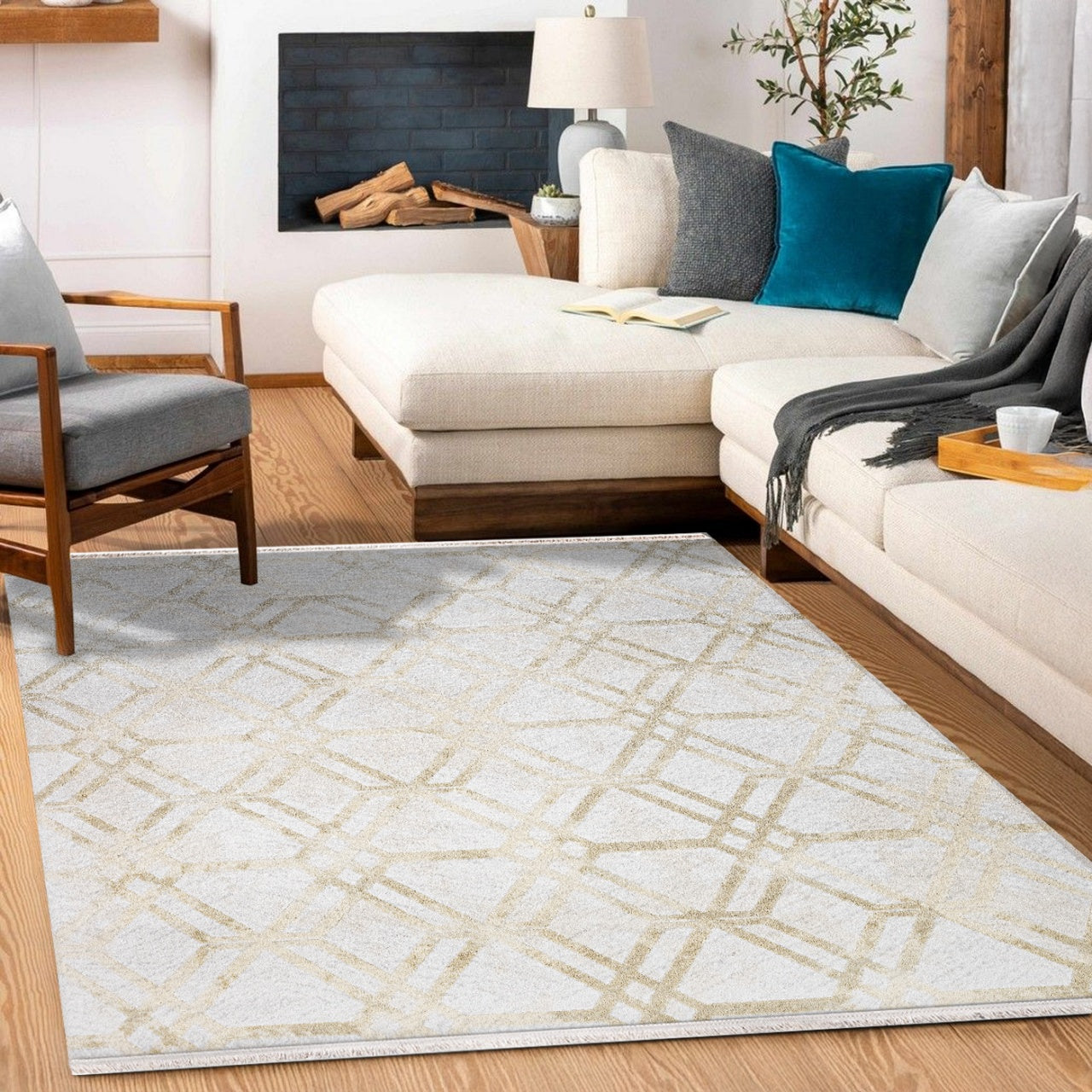 Bej Gold Baklava Geometrik Halı - Yıkanabilir - Kaymaz Taban - Pati Dostu