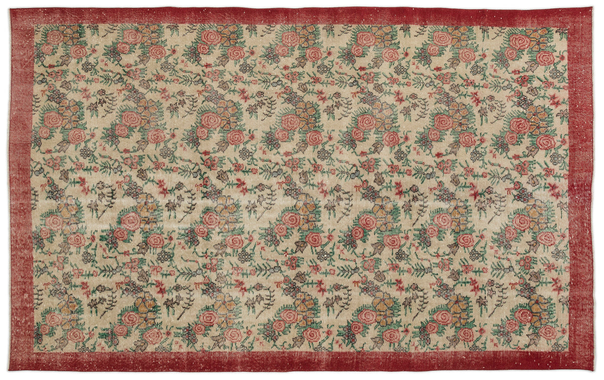 Tirena Bej ve Kırmızı Çiçek Desenli El Dokuma Halı 202x310 cm