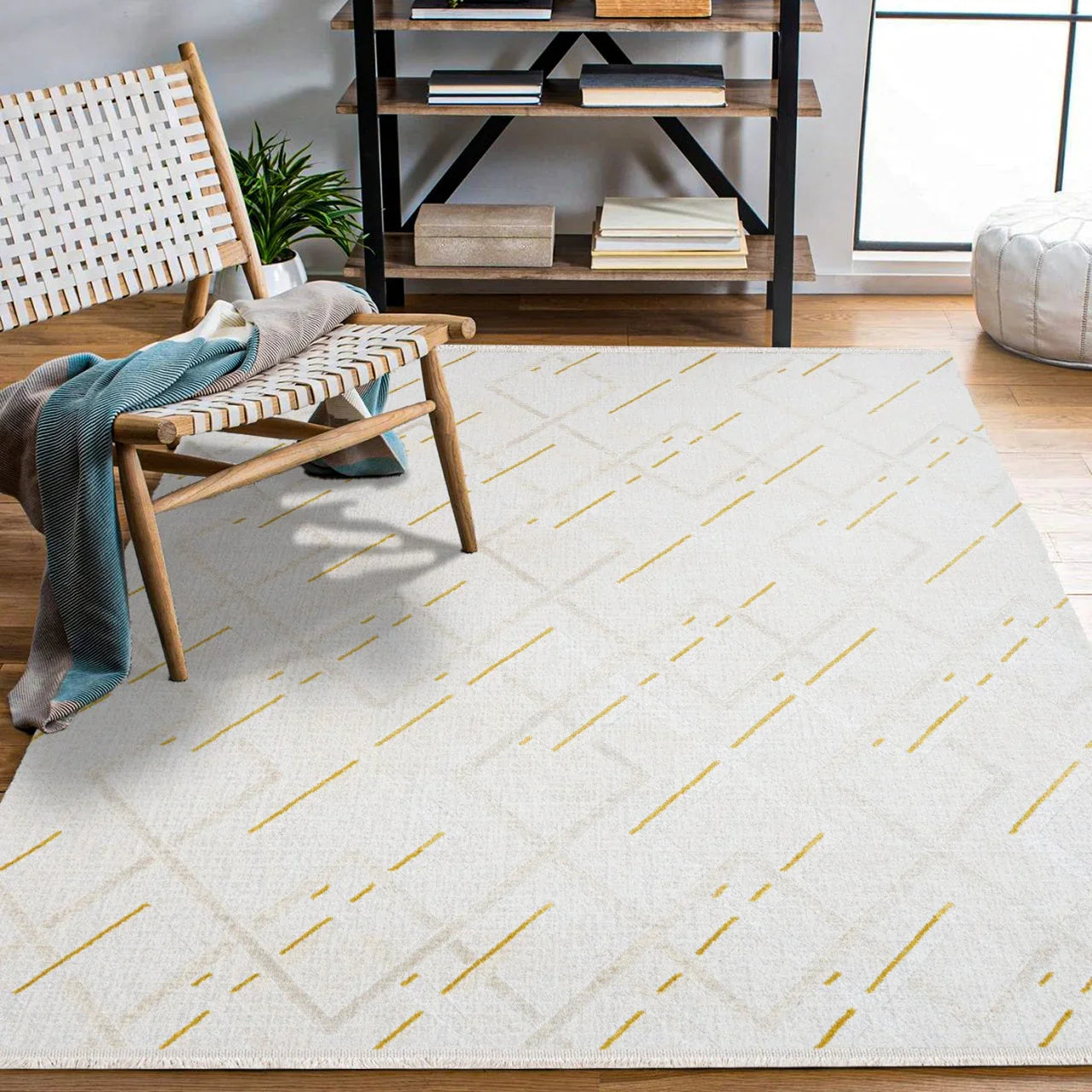 Beyaz Gold Baklava Geometrik Halı - Yıkanabilir - Kaymaz Taban - Pati Dostu