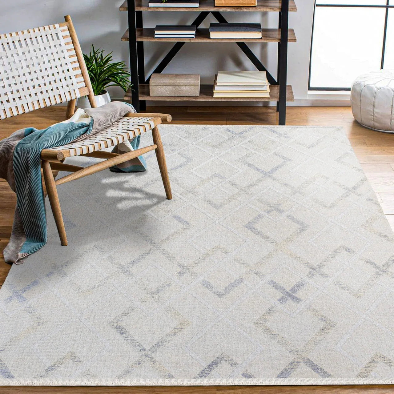 Bej Beyaz Baklava Geometrik Halı - Yıkanabilir - Kaymaz Taban - Pati Dostu
