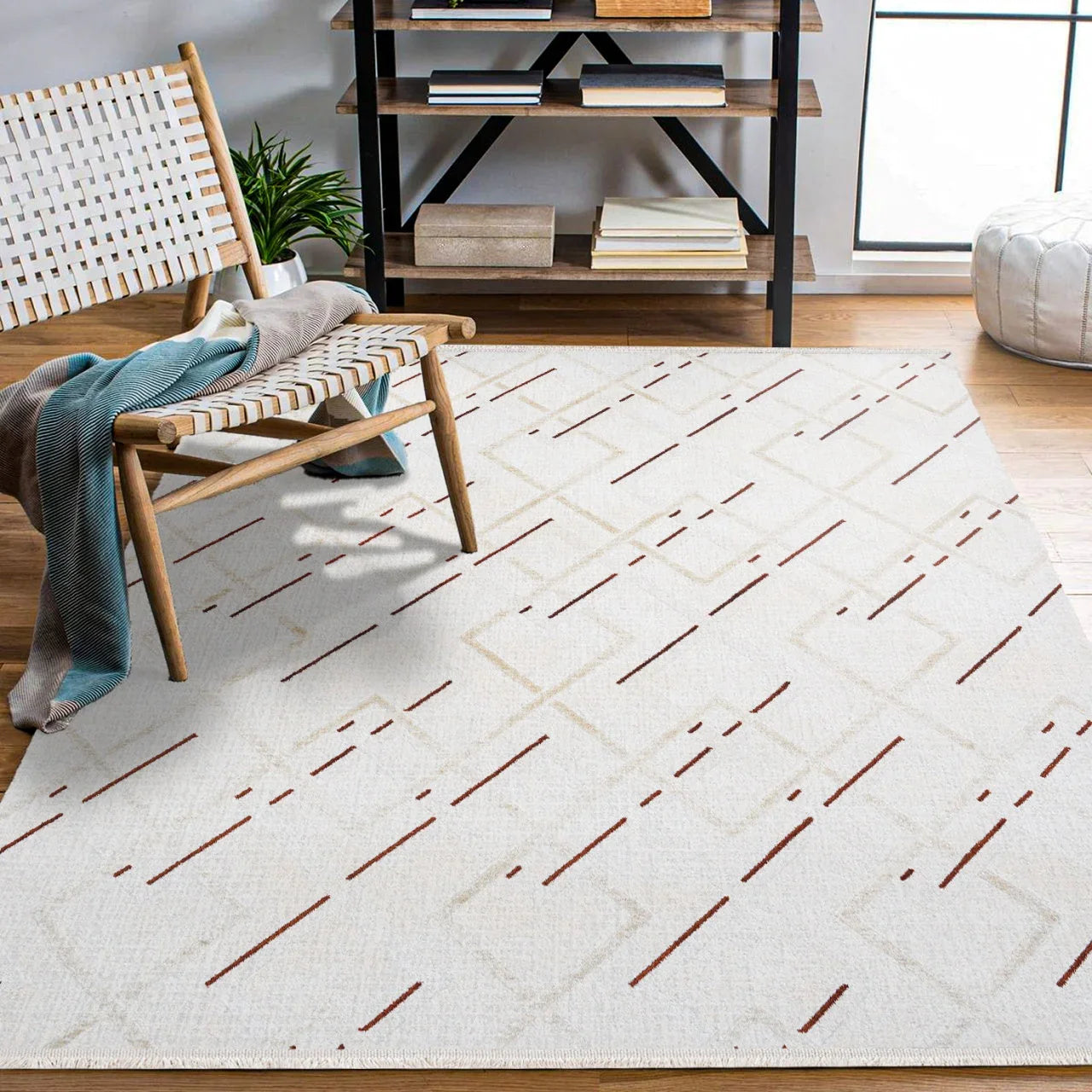 Beyaz Gri Geometrik Geometrik Desenli Halı - Yıkanabilir - Kaymaz Taban - Pati Dostu