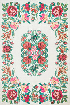 Krem Çiçekli Modern Etnik Desenli Halı  | Makinada Yıkanabilir | Hav Toz Vermez | Leke Tutmayan | Kaymaz Taban | Dijital Makine Baskı | Salon Yolluk Mutfak Halısı