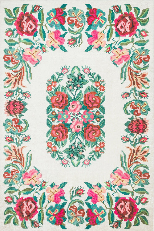 Krem Çiçekli Modern Etnik Desenli Halı  | Makinada Yıkanabilir | Hav Toz Vermez | Leke Tutmayan | Kaymaz Taban | Dijital Makine Baskı | Salon Yolluk Mutfak Halısı