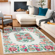 Krem Çiçekli Modern Etnik Desenli Halı  | Makinada Yıkanabilir | Hav Toz Vermez | Leke Tutmayan | Kaymaz Taban | Dijital Makine Baskı | Salon Yolluk Mutfak Halısı