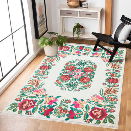 Krem Çiçekli Modern Etnik Desenli Halı  | Makinada Yıkanabilir | Hav Toz Vermez | Leke Tutmayan | Kaymaz Taban | Dijital Makine Baskı | Salon Yolluk Mutfak Halısı
