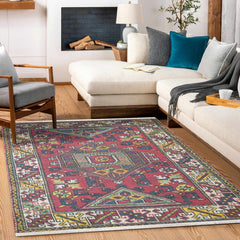 Kırmızı Göbekli Modern Etnik Desenli Halı  | Makinada Yıkanabilir | Hav Toz Vermez | Leke Tutmayan | Kaymaz Taban | Dijital Makine Baskı | Salon Yolluk Mutfak Halısı