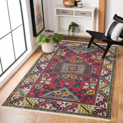 Kırmızı Göbekli Modern Etnik Desenli Halı  | Makinada Yıkanabilir | Hav Toz Vermez | Leke Tutmayan | Kaymaz Taban | Dijital Makine Baskı | Salon Yolluk Mutfak Halısı