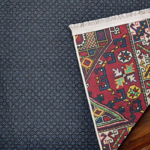 Kırmızı Göbekli Modern Etnik Desenli Halı  | Makinada Yıkanabilir | Hav Toz Vermez | Leke Tutmayan | Kaymaz Taban | Dijital Makine Baskı | Salon Yolluk Mutfak Halısı